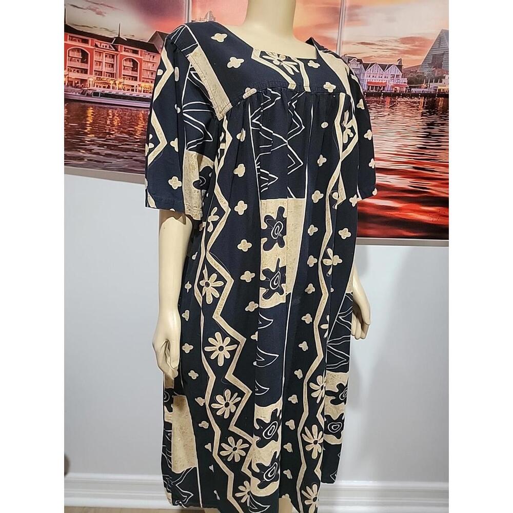 Capistrano House Dress Size 1X MuuMuu Kaftan Lounge W/Pockets Taupe Black #C - Picture 5 of 8